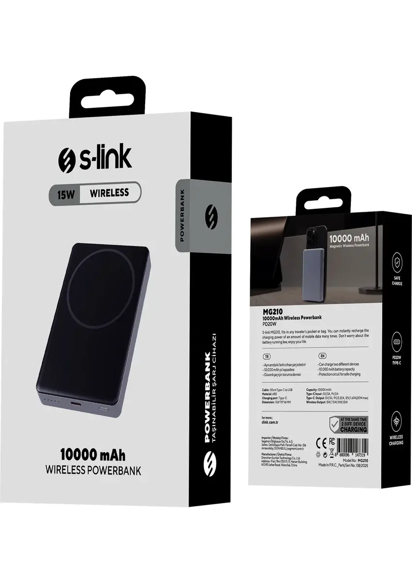 S-link MG210 10000mAh PD20W Magsafe 15W Kablosuz Type-C Gri Şarj Cihazı Powerbank