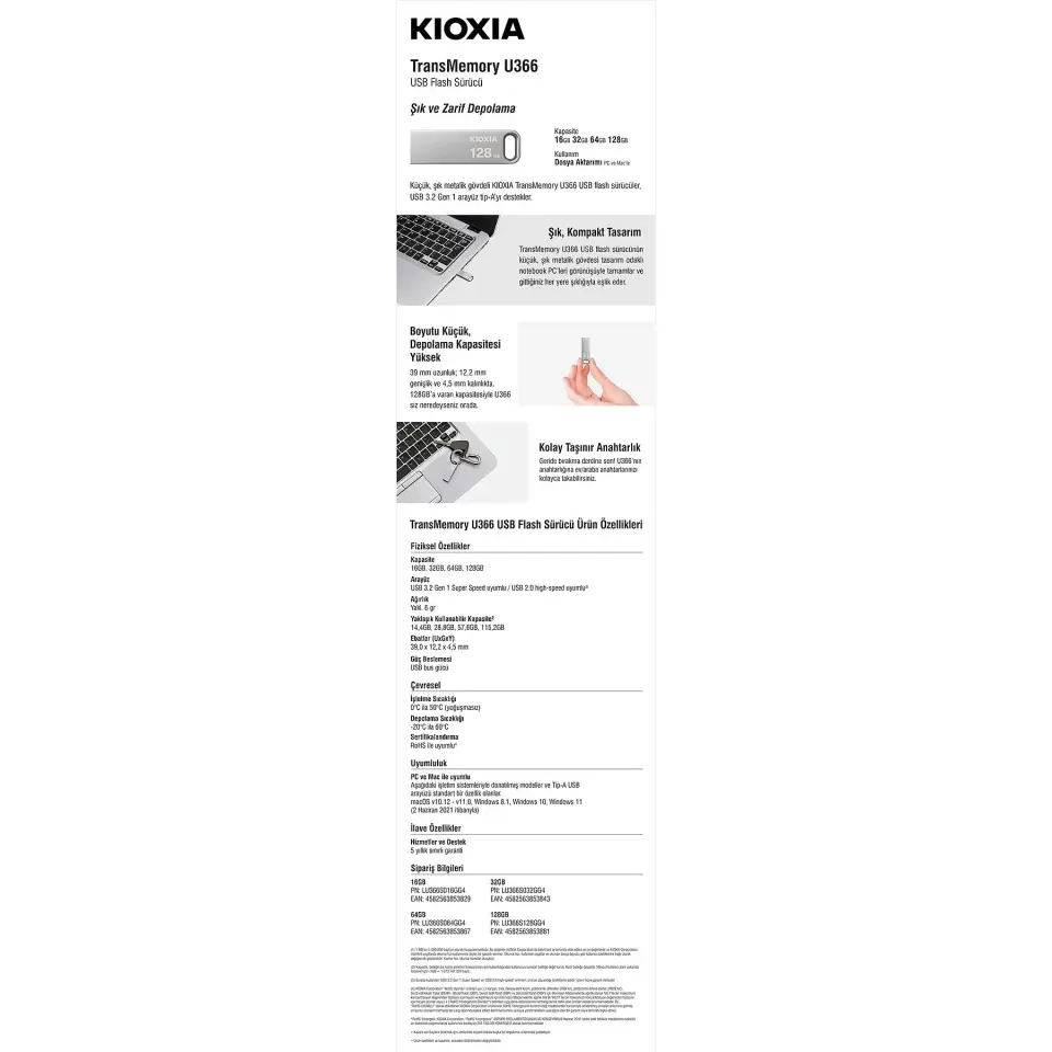 Kioxia U366 64GB USB3.2 GEN 1 LU366S064GG4 Metal