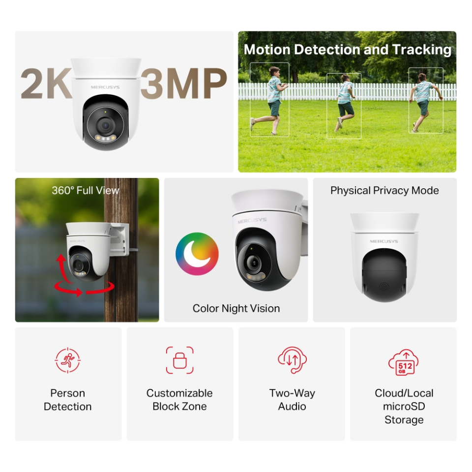 MERCUSYS 3mp 4mm Kablosuz Wıfı Pan-Tilt Harici IP Kamera MC510