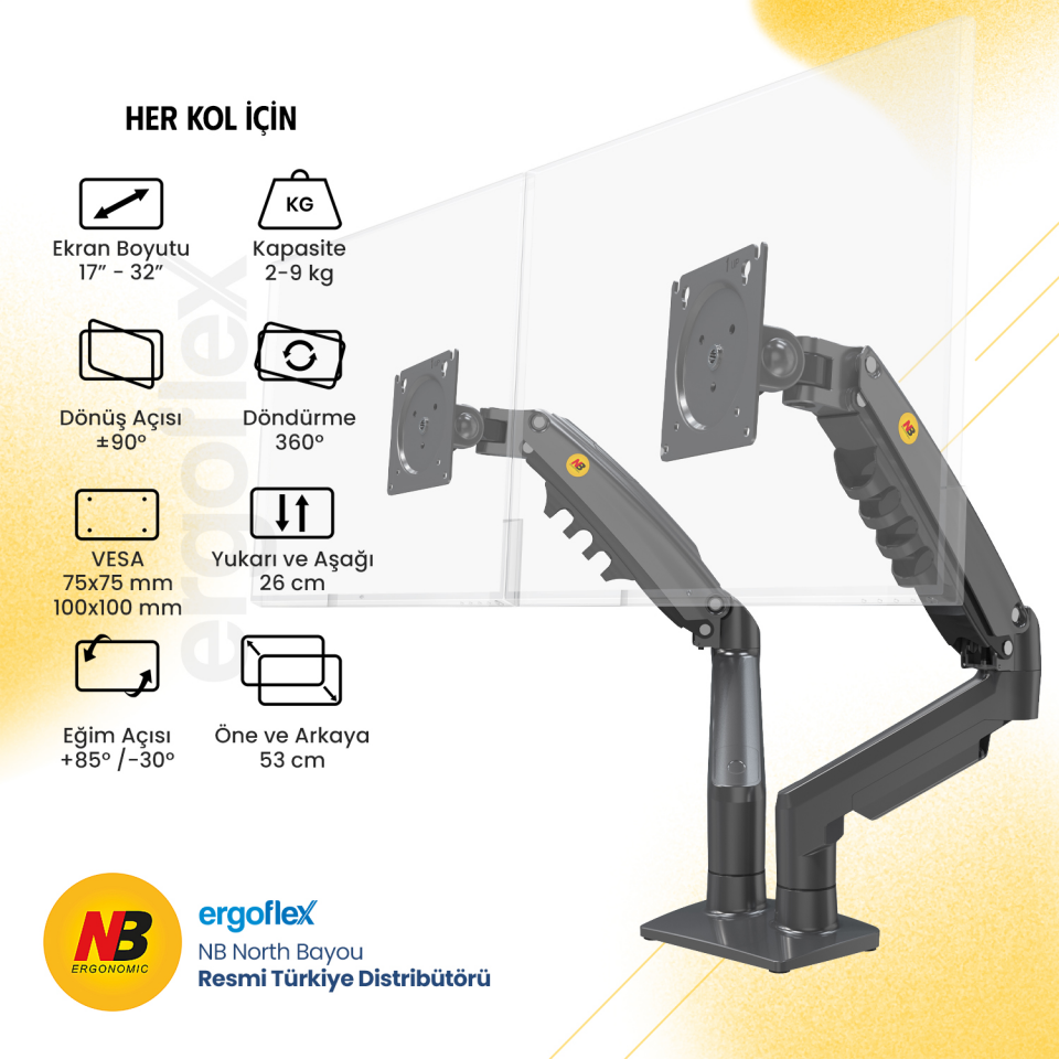 NORTH 27'' NB-F160 Amortisörlü 2-kollu Monitör Askı Aparatı
