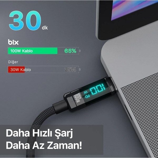 BIX 1metre BX09CC-BK 100w Dijital Ekranlı Şarj Kablosu Siyah