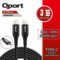 Qport Q-TYPE-C3 3m Type-C 100w Süper Hızlı PD Şarj ve Data Kablosu