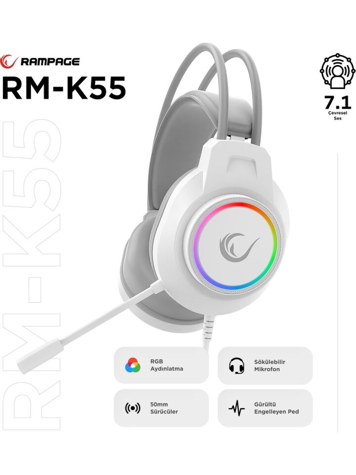 Rampage RM-K55 Kipchak Beyaz RGB Led 7.1 Gaming Mikrofonlu Oyuncu Kulaklığı