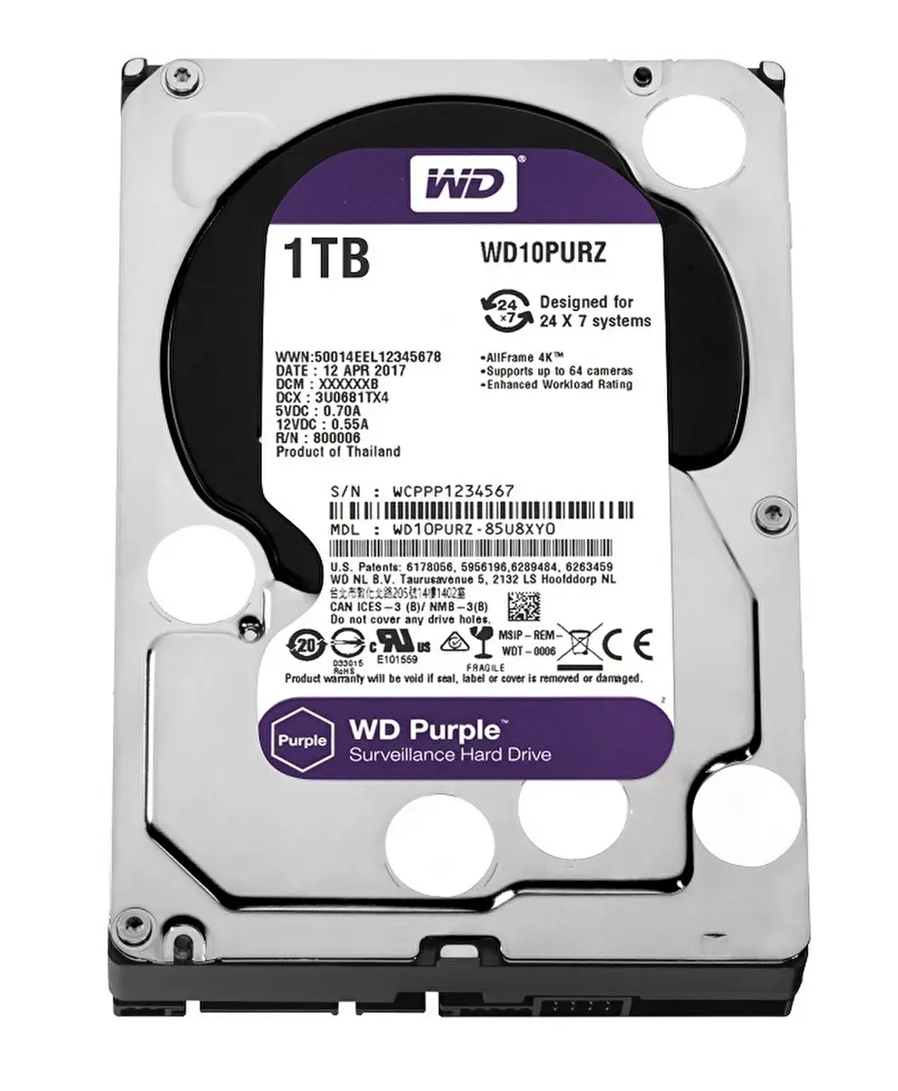 1 TB WD 3.5 PURPLE SATA3 5400RPM 64MB 7/24 GUVENLIK WD10PURZ (3 YIL RESMI DIST GARANTILI)
