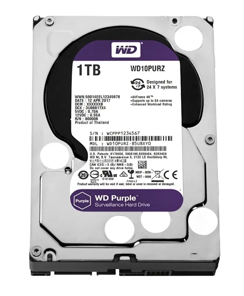 1 TB WD 3.5 PURPLE SATA3 5400RPM 64MB 7/24 GUVENLIK WD10PURZ (3 YIL RESMI DIST GARANTILI)