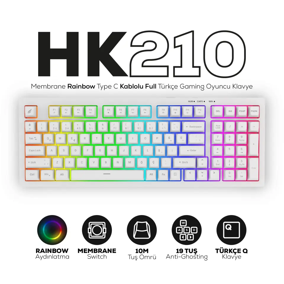 HAWK HK210W GAMING HK210 MEMBRANE RAINBOW TYPE C KABLOLU BEYAZ FULL TÜRKÇE GAMING KLAVYE