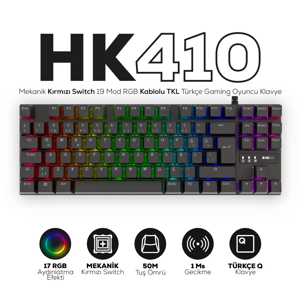 HAWK HK410K GAMING HK410 MEKANİK KIRMIZI SWITCH 19 MOD RGB KABLOLU SİYAH TKL TÜRKÇE GAMING KLAVYE