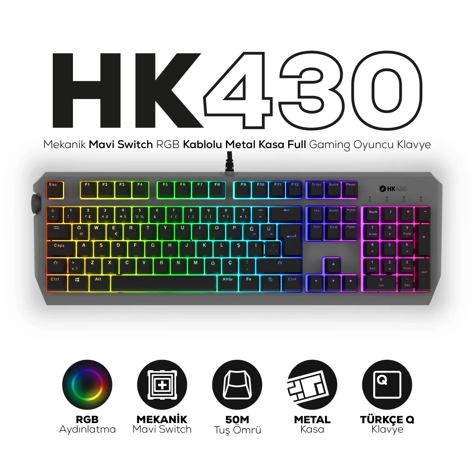 HAWK HK430K GAMING HK430 MEKANİK KIRMIZI SWITCH RGB KABLOLU METAL KASA FULL GAMING KLAVYE