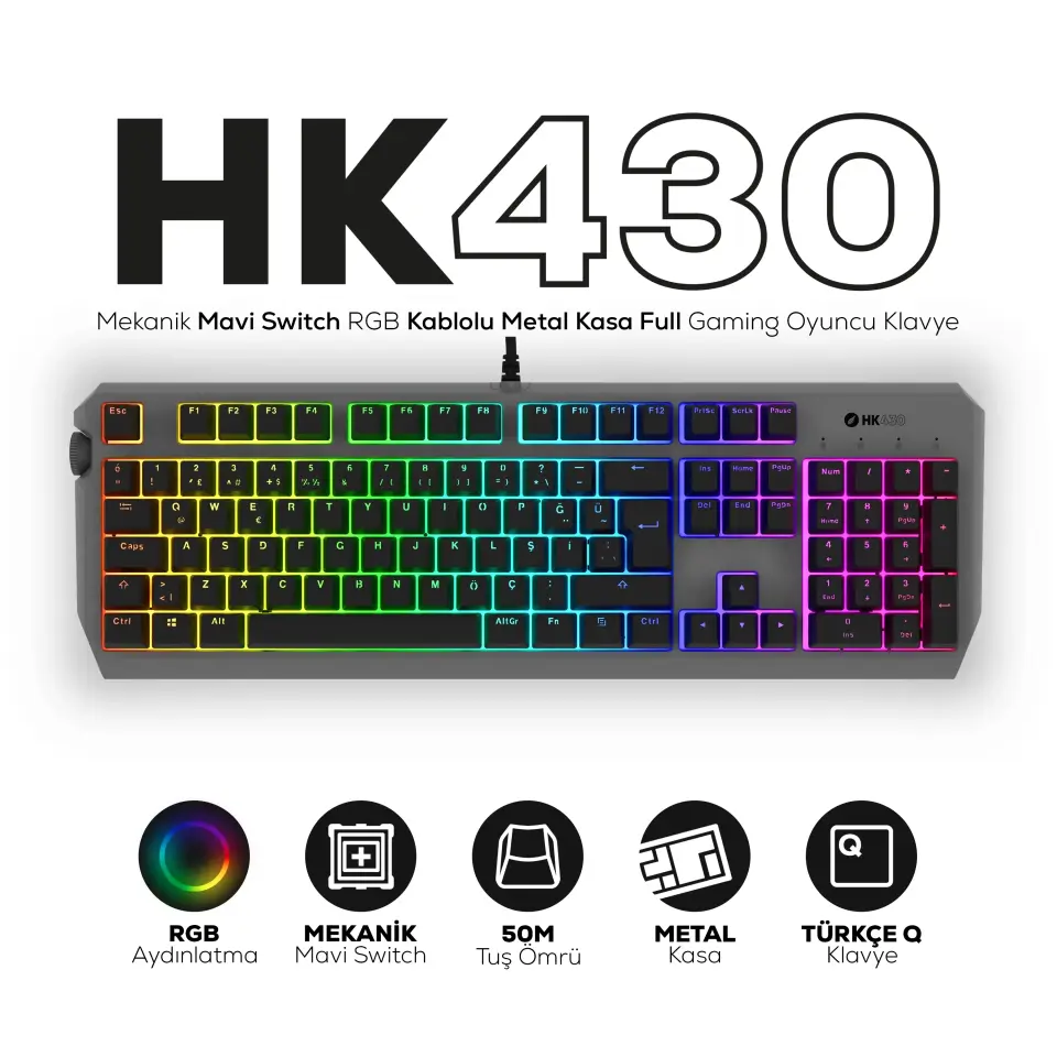 HAWK HK430M GAMING HK430 MEKANİK MAVİ SWITCH RGB KABLOLU METAL KASA FULL GAMING KLAVYE