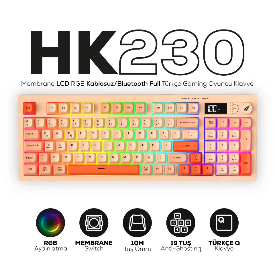 HAWK HK230P GAMING HK230 MEMBRANE LCD RGB KABLOSUZ/BLUETOOTH PEMBE TURUNCU FULL TÜRKÇE GAMING KLAVYE