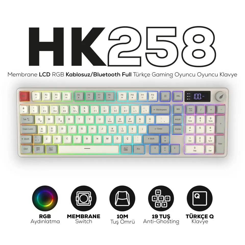 HAWK HK258RK GAMING HK258 MEMBRANE LCD RGB KABLOSUZ/BLUETOOTH KIRMIZI HAKİ FULL TÜRKÇE GAMING KLAVYE