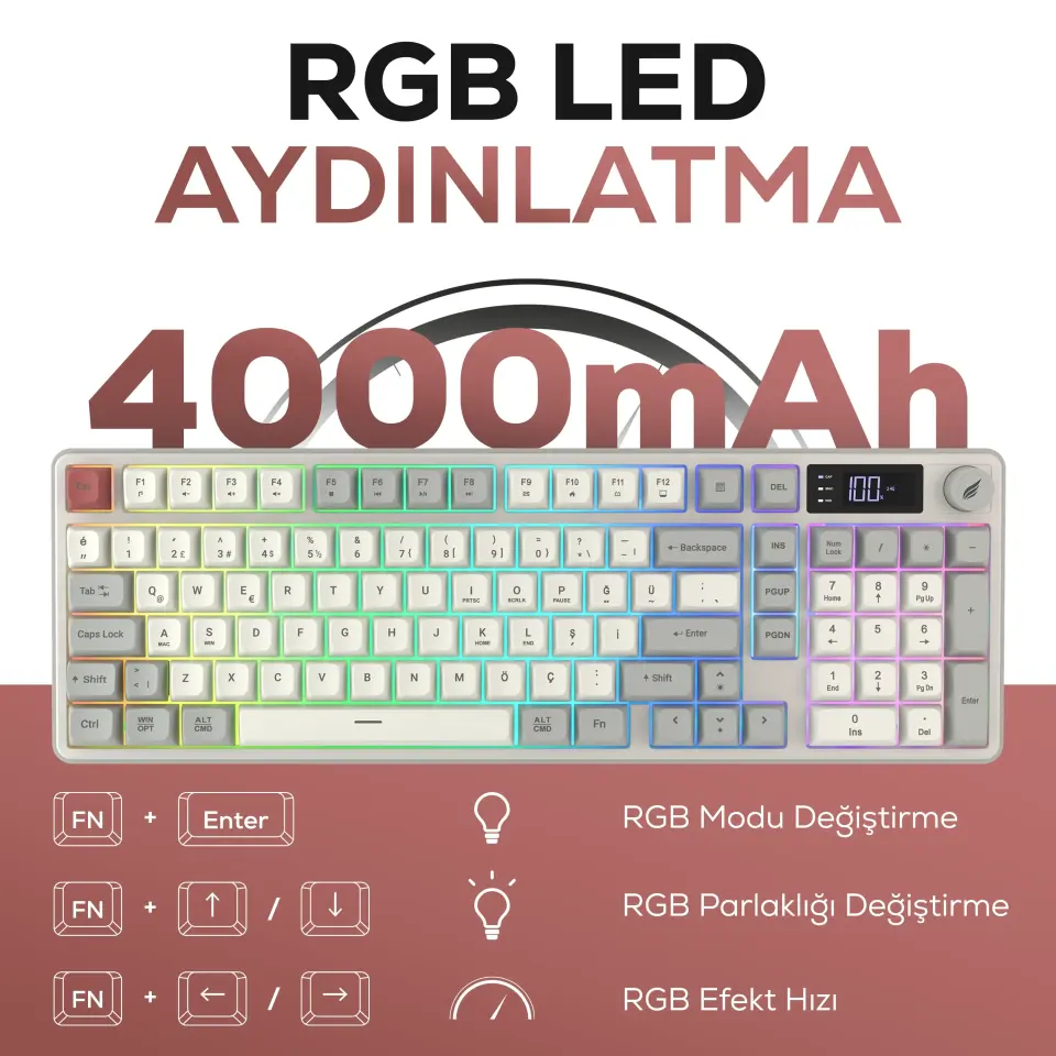 HAWK HK258RK GAMING HK258 MEMBRANE LCD RGB KABLOSUZ/BLUETOOTH KIRMIZI HAKİ FULL TÜRKÇE GAMING KLAVYE