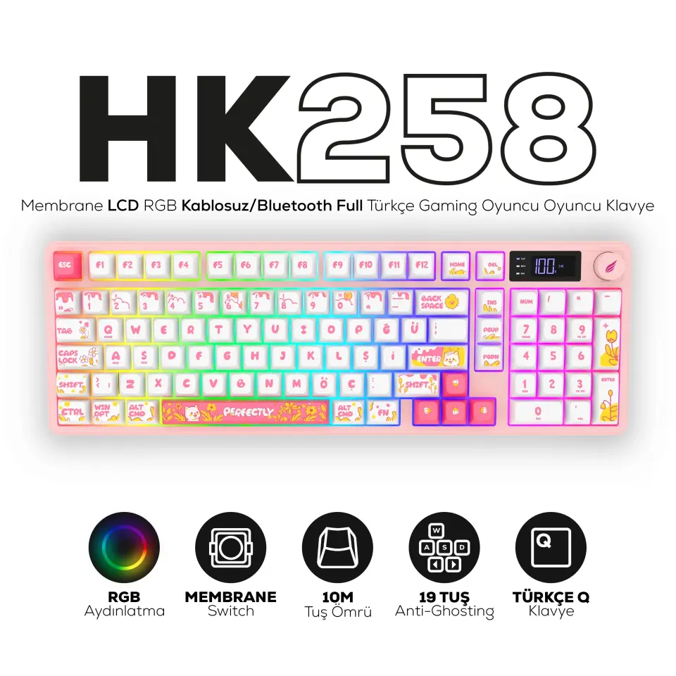HAWK HK258WP GAMING HK258 MEMBRANE LCD RGB KABLOSUZ/BLUETOOTH BEYAZ PEMBE FULL TÜRKÇE GAMING KLAVYE