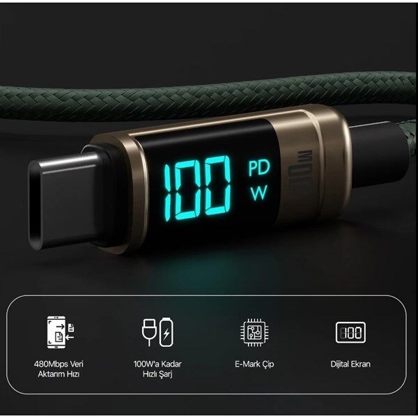BİX BX09CC-BN BRONZ TYPE-C 100W 1 metre DİJİTAL EKRANLI ŞARJ VE DATA KABLOSU