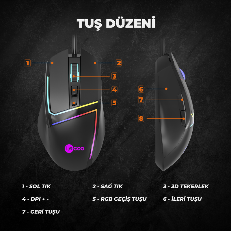 LECOO MS106 Kablolu USB RGB 3200dpi Siyah Gaming Mouse