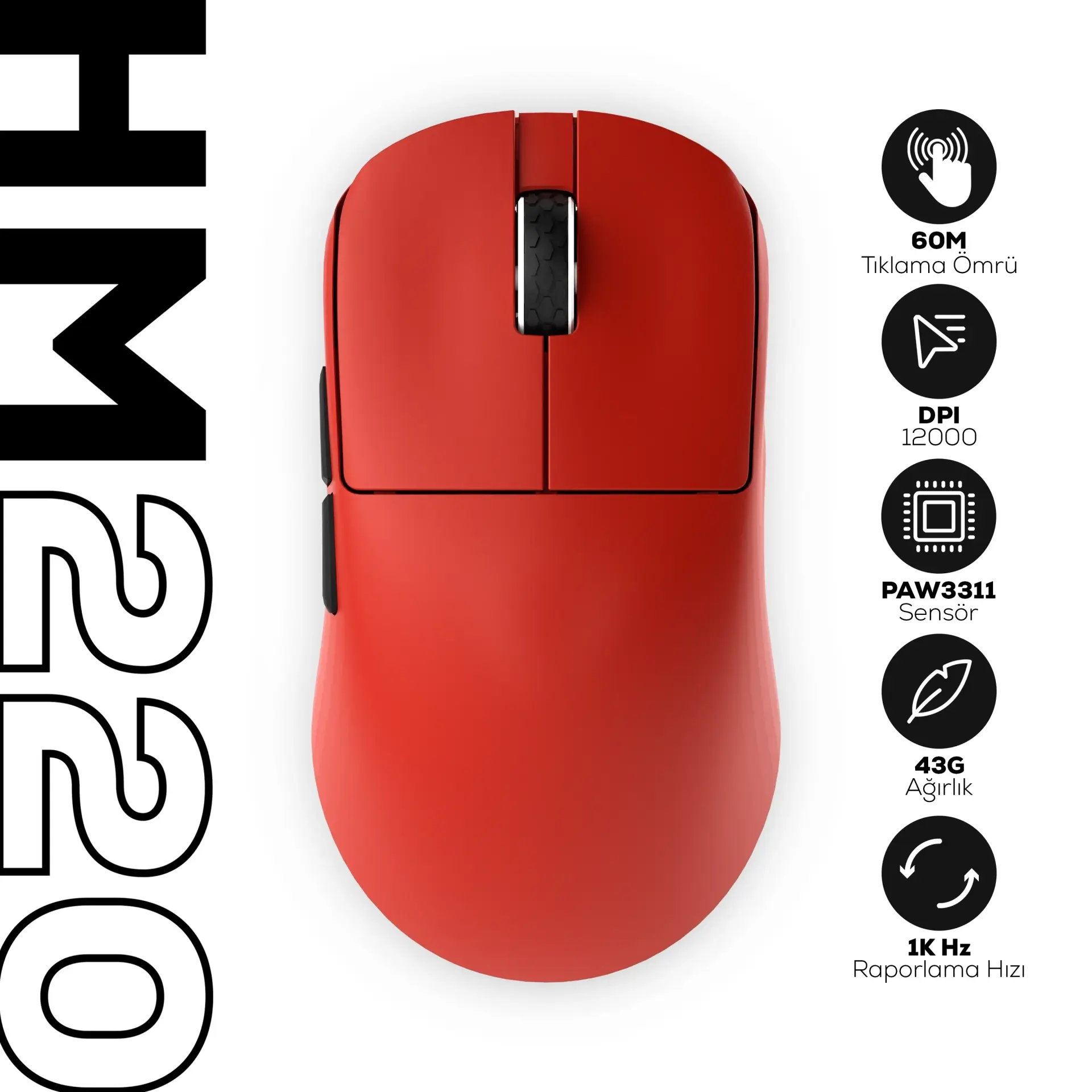 HAWK HM220K GAMING HM220 1K HZ 12000 DPI TRI-MODE KABLOSUZ/BLUETOOTH KIRMIZI GAMING MOUSE