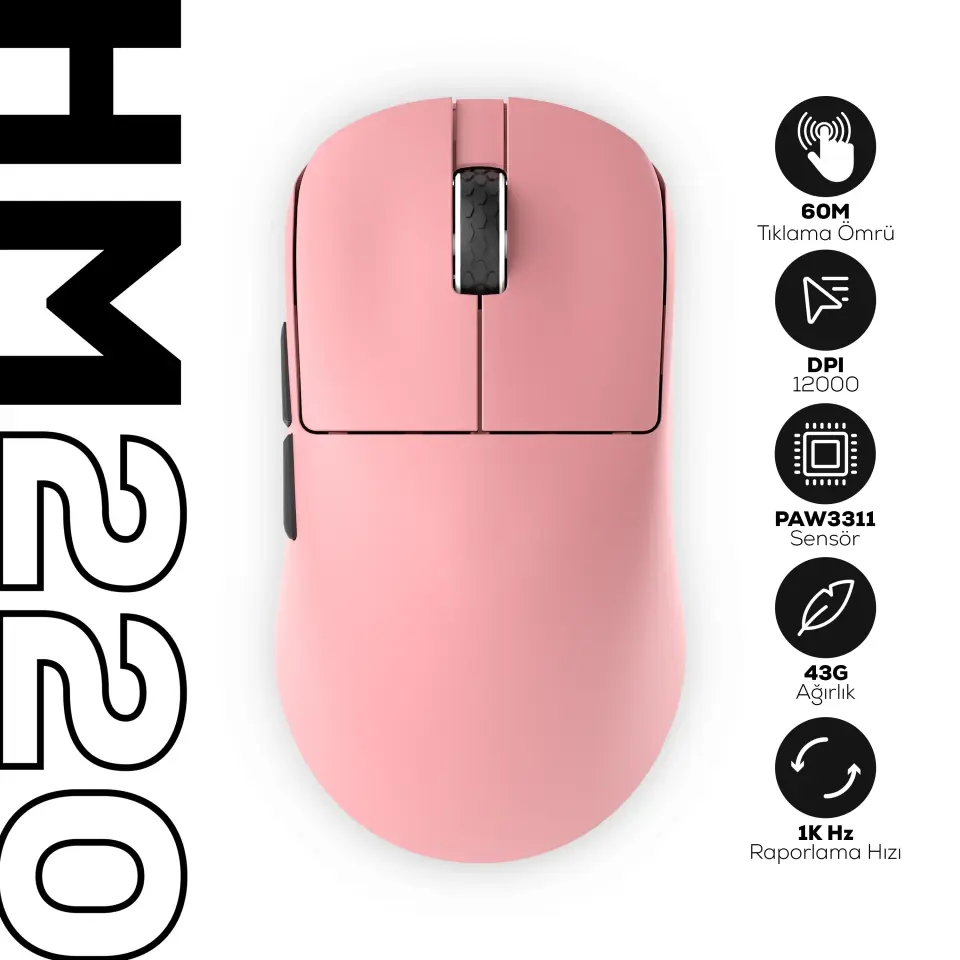 HAWK HM220P GAMING HM220 1K HZ 12000 DPI TRI-MODE KABLOSUZ/BLUETOOTH PEMBE GAMING MOUSE