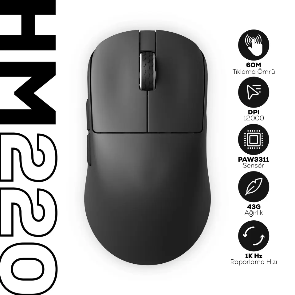 HAWK HM220S GAMING HM220 1K HZ 12000 DPI TRI-MODE KABLOSUZ/BLUETOOTH SİYAH GAMING MOUSE