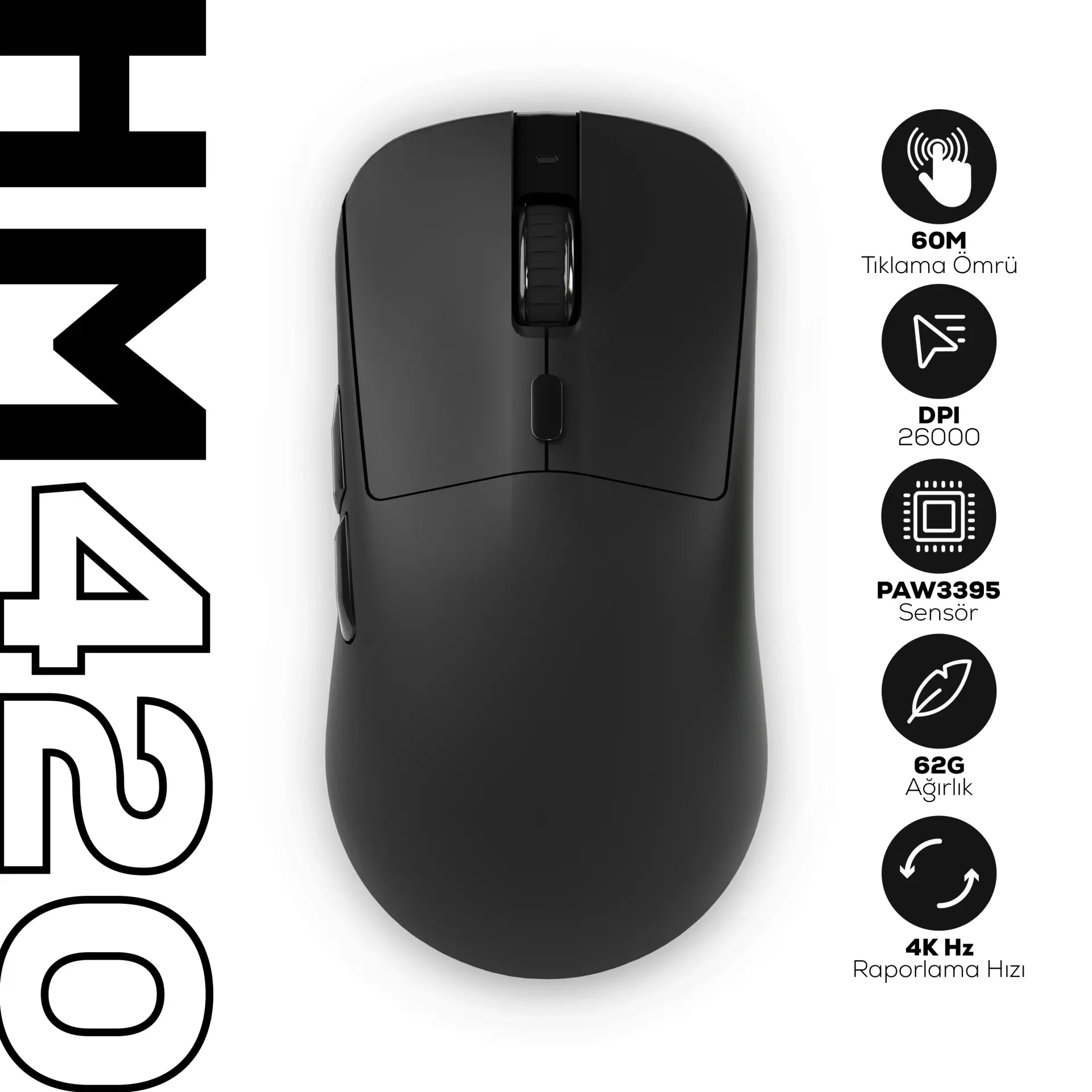 HAWK HM420S GAMING HM420 4K HZ 26000 DPI TRI-MODE KABLOSUZ/BLUETOOTH ŞARJ STANDLI SİYAH GAMING