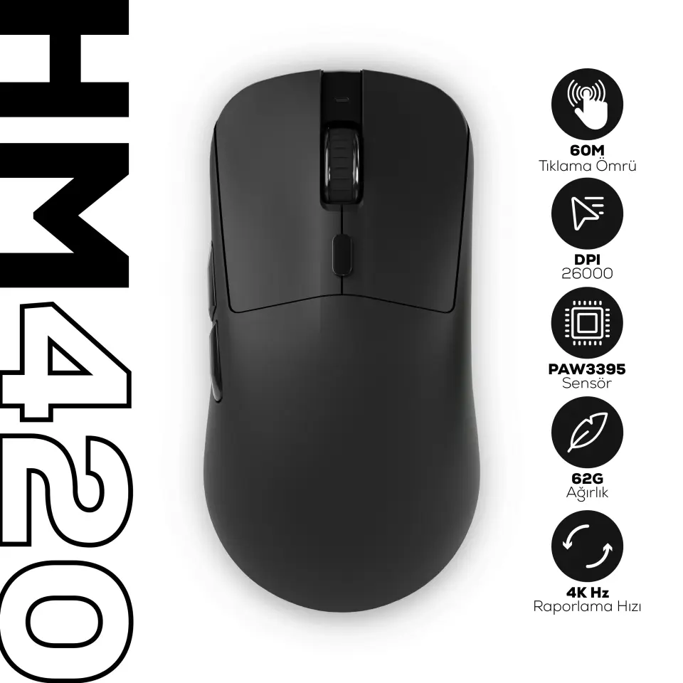 HAWK HM420S GAMING HM420 4K HZ 26000 DPI TRI-MODE KABLOSUZ/BLUETOOTH ŞARJ STANDLI SİYAH GAMING