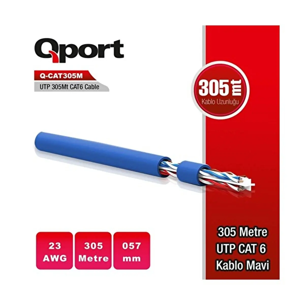 Qport Q-CAT6M 305M UTP 23Awg Network Ağ Kablosu Mavi