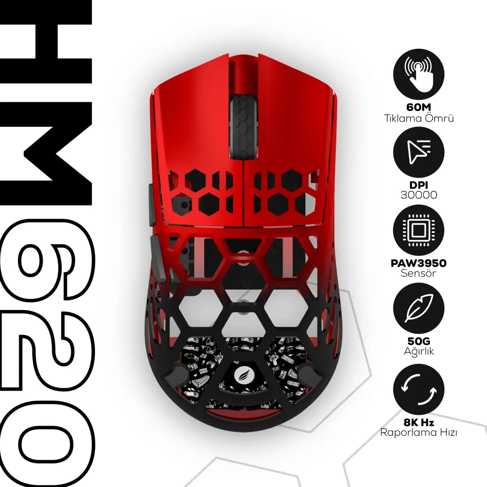 HAWK HM620 GAMING HM620 8K HZ 30000 DPI TRI-MODE KABLOSUZ/BLUETOOTH SİYAH KIRMIZI GAMING MOUSE