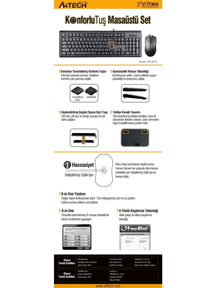 A4 Tech KR-9276 USB Klavye Mouse Set MM Siyah