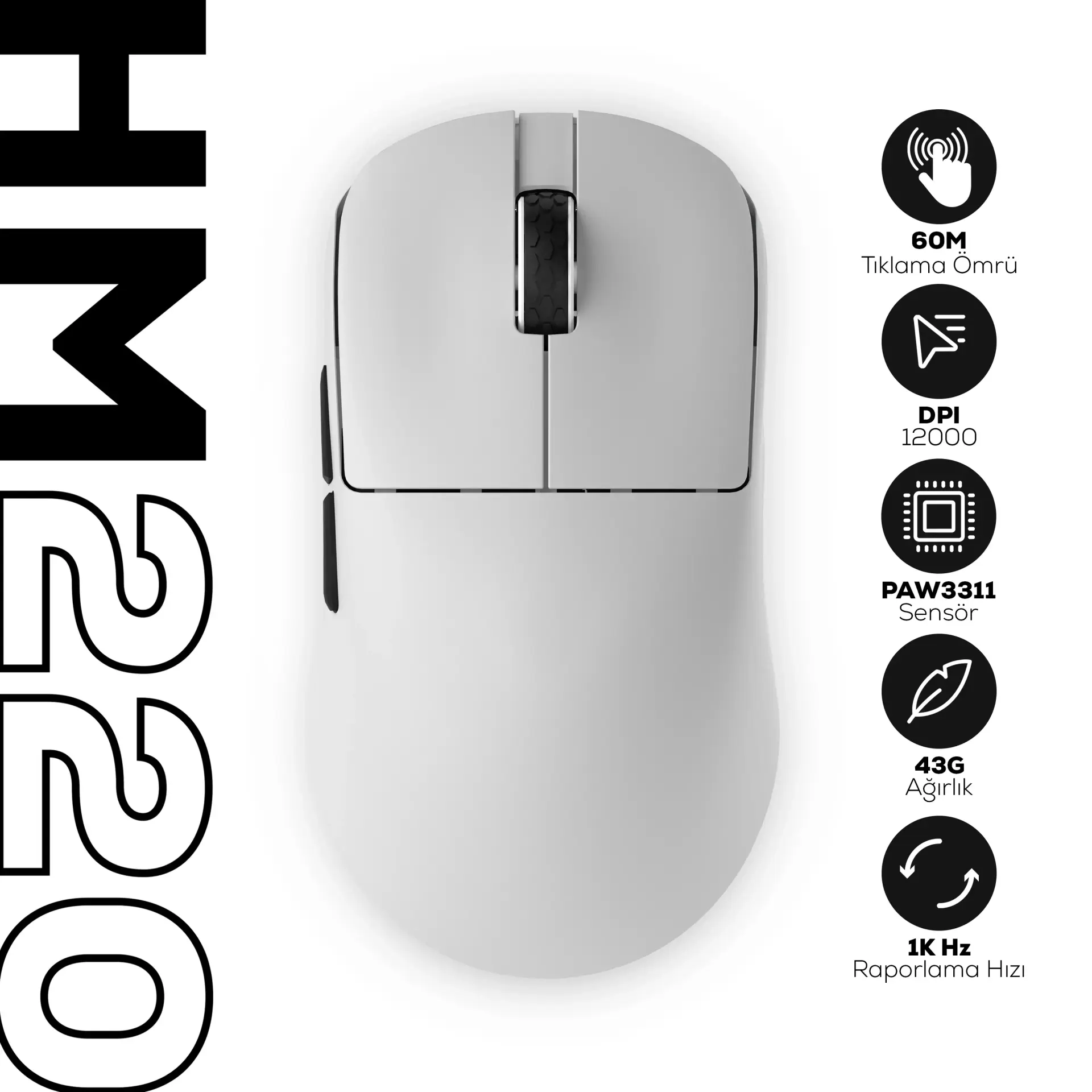 HAWK HM220B GAMING HM220 1K HZ 12000 DPI TRI-MODE KABLOSUZ/BLUETOOTH BEYAZ GAMING MOUSE