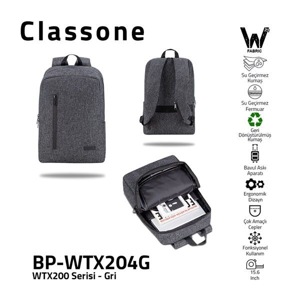 Classone Bp-Wtx204g 15.6'' Uyumlu Wtx Pro Su Geçirmez Kumaş Ve Fermuar Notebook