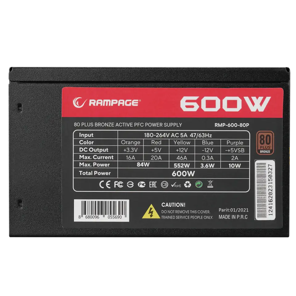 Rampage RMP-600-80P 600W 80Plus Bronze 12cm Fan Aktif PFC Güç Kaynağı