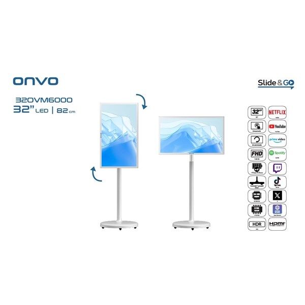 ONVO 32'' Dokunmatik 32OVM6000 Ev Ofis Tipi Hareketli 6GB RAM -64GB ROM- Videowall Cihazı Bataryalı Beyaz