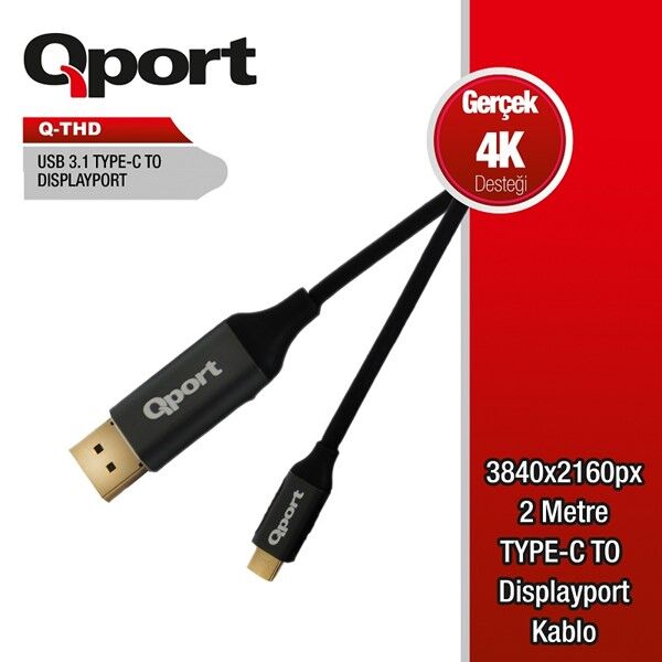 QPORT 2metre Q-THD TYPE-C - DP Çevirici Kablo Siyah 4K