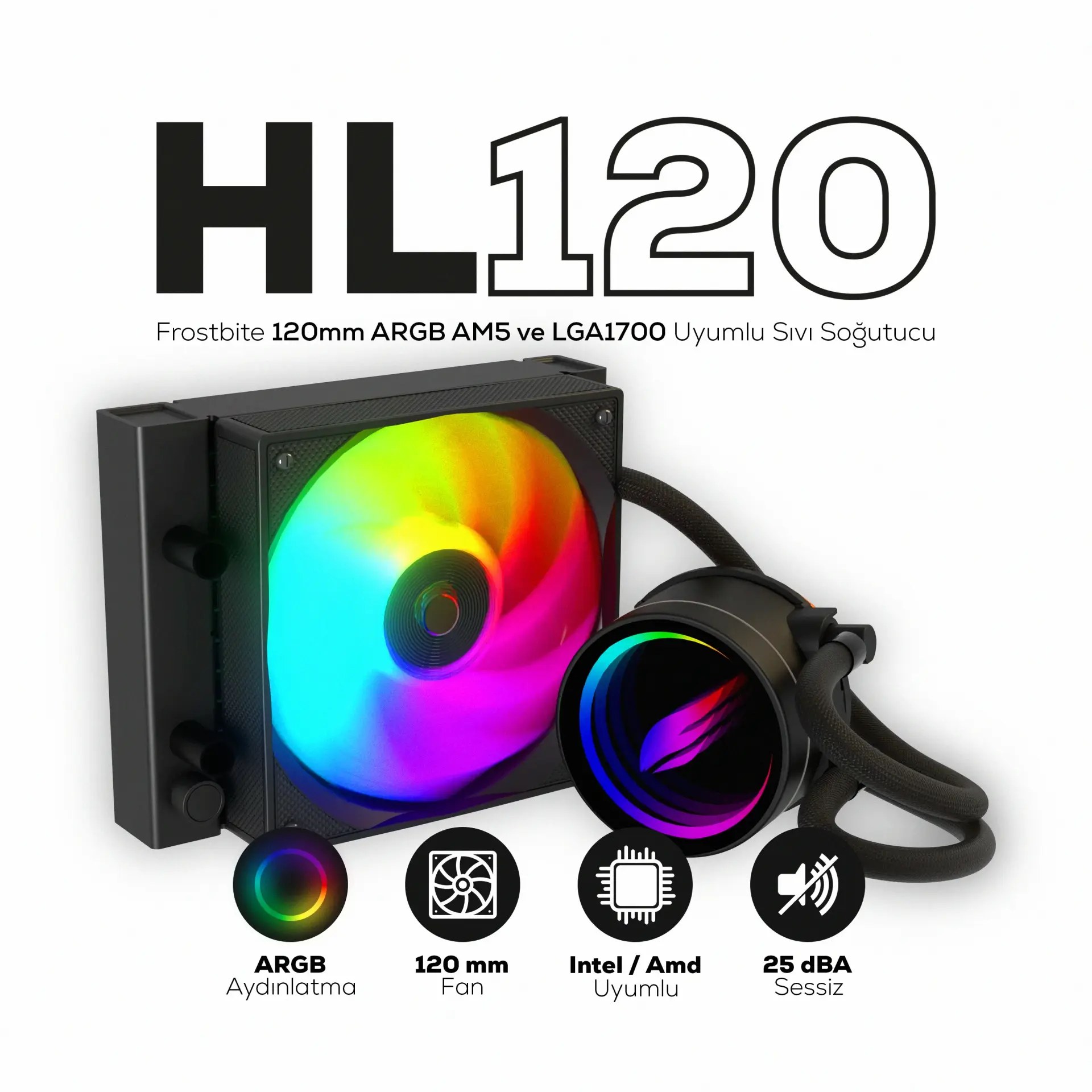 HAWK HL120 GAMING HL120 FROSTBITE 120MM ARGB AM5 VE LGA1700 UYUMLU SİYAH SIVI SOĞUTUCU