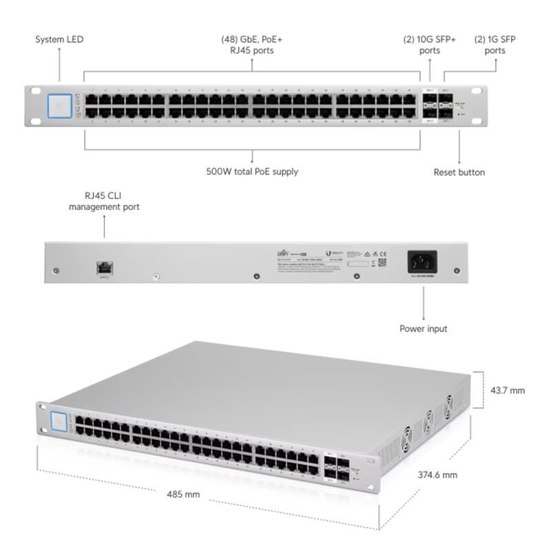 UBIQUITI US-48-500W 48 PORT GIGABIT +2X1GB/2X10GB SFP UPLINK RACKMOUNT 500W POE SWITCH
