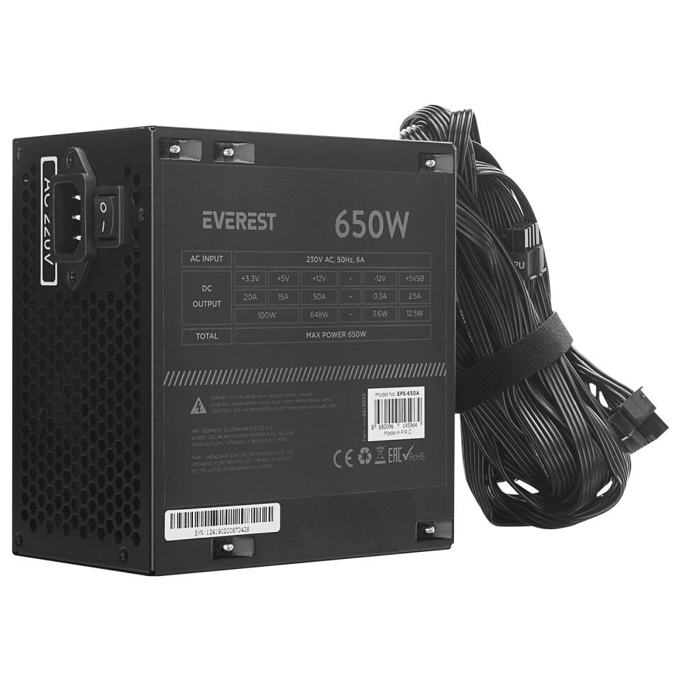 Everest EPS-650A 650W 12cm Fan 4*SATA Aktif PFC Oyuncu PC Destekli Power Supply