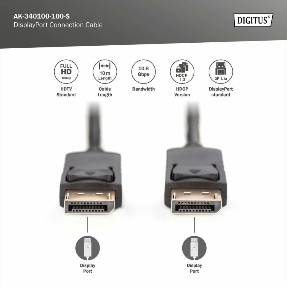 DIGITUS 10metre AK-340100-100-S DP Görüntü Kablosu