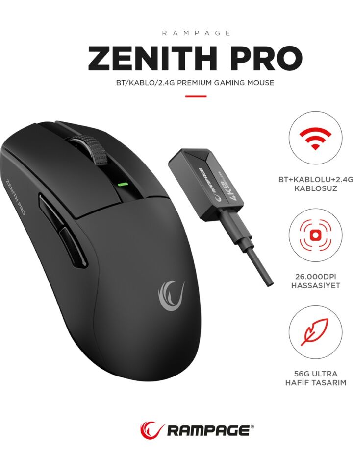 RAMPAGE-PCK ZENITH BT+WİRED+2.4G SİYAH KABLOSUZ PAW3395 NORDIC 52833 MCU GAMING OYUNCU MOUSE