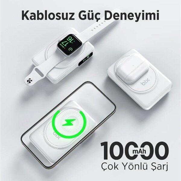 BİX 10000mAh TPB16-WE 6'SI 1 ARADA OLED EKRANLI Beyaz KABLOSUZ POWERBANK