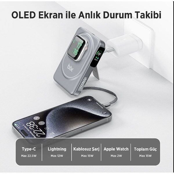 BİX 10000mAh TPB16-GR 6'SI 1 ARADA OLED EKRANLI Gri KABLOSUZ POWERBANK