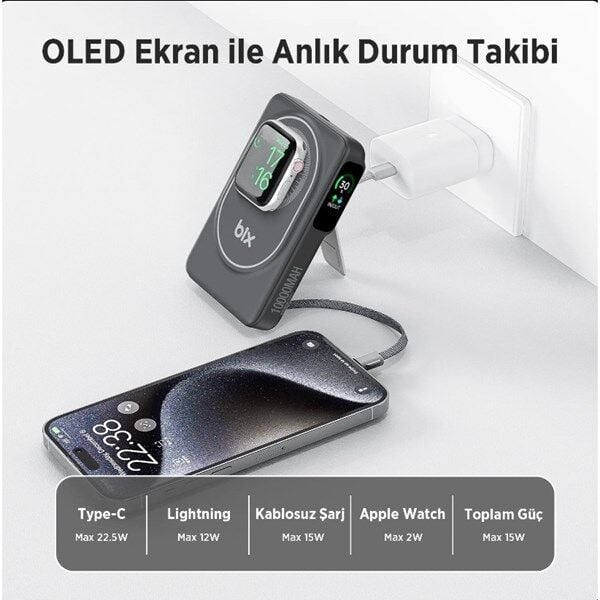 BİX 10000mAh TPB16-BK 6'SI 1 ARADA OLED EKRANLI Siyah KABLOSUZ POWERBANK