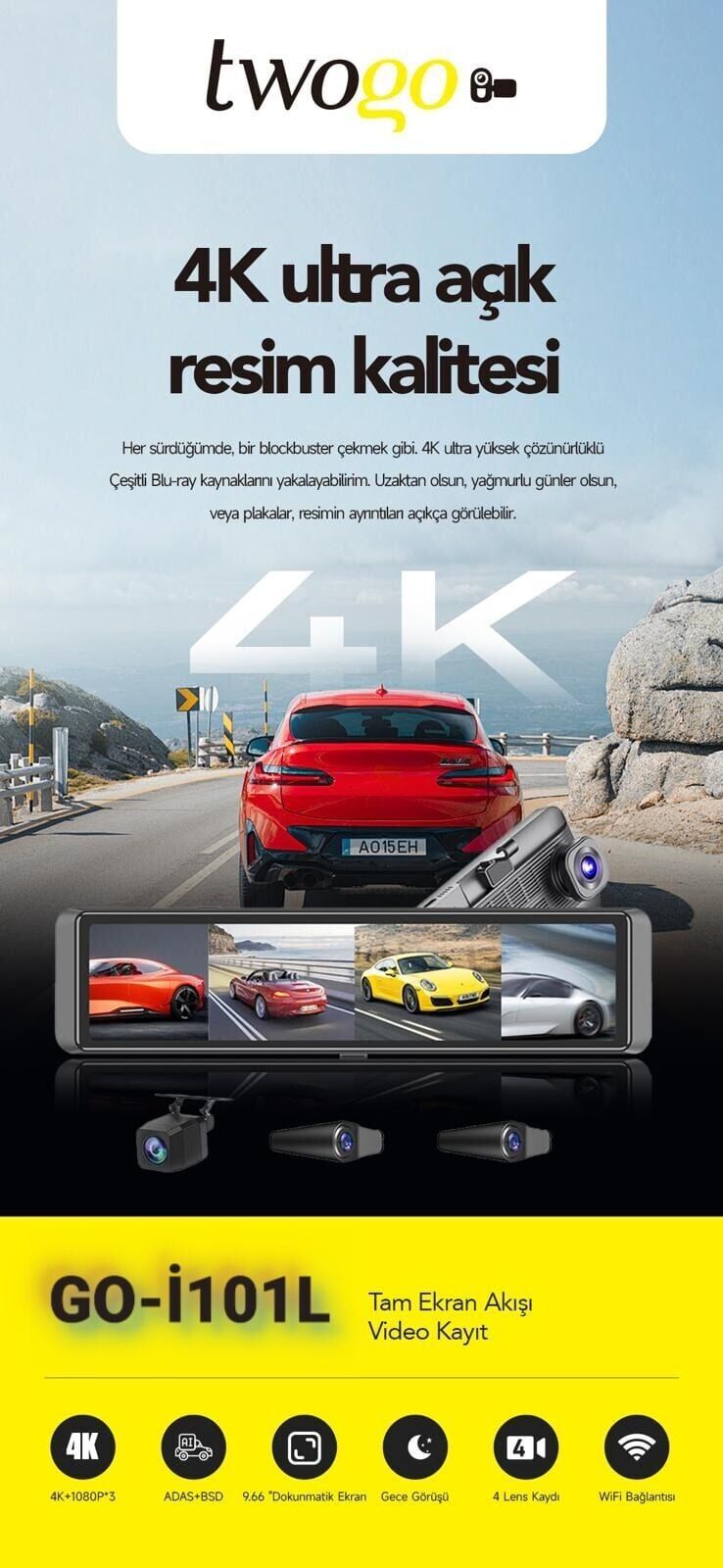 TWOGO GO-İQ11 11.26'' Ayna Ekran 4 Kameralı Araç İçi Kamera (İ101L)
