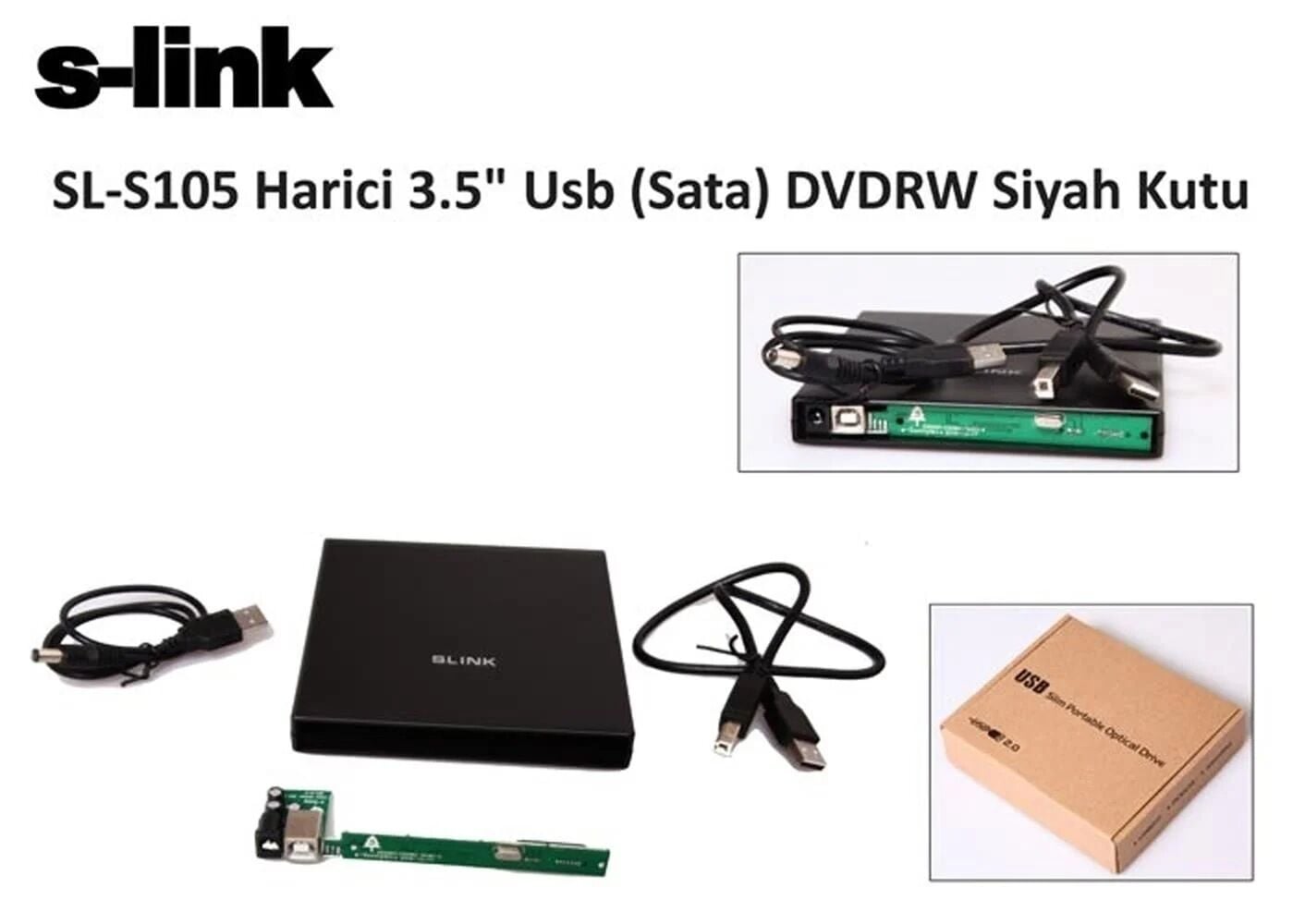 S-LINK 2.5'' USB 2.0 S105 Sata Alüminyum Slim DVD Yazıcı Kutusu Siyah